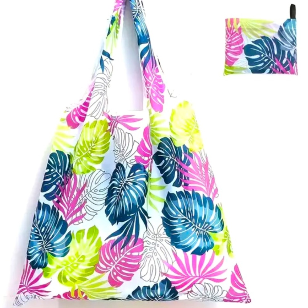 Tropical Leaves Shopping Tote Bag Pink & Greens